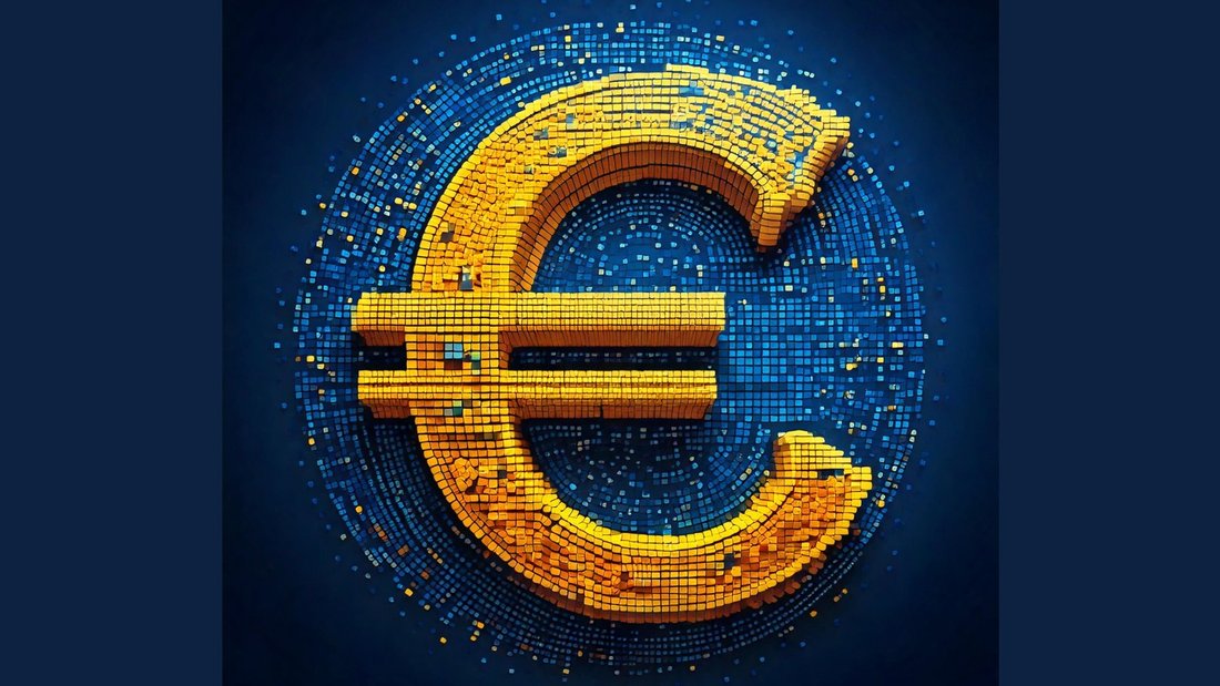 Gelbes Euro-Währungssymbol vor blauem Hintergrund.