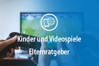 Kinder mit einer Spielekonsole in der Hand. Cover der Broschüre: Elternratgeber Kinder und Videospiele.